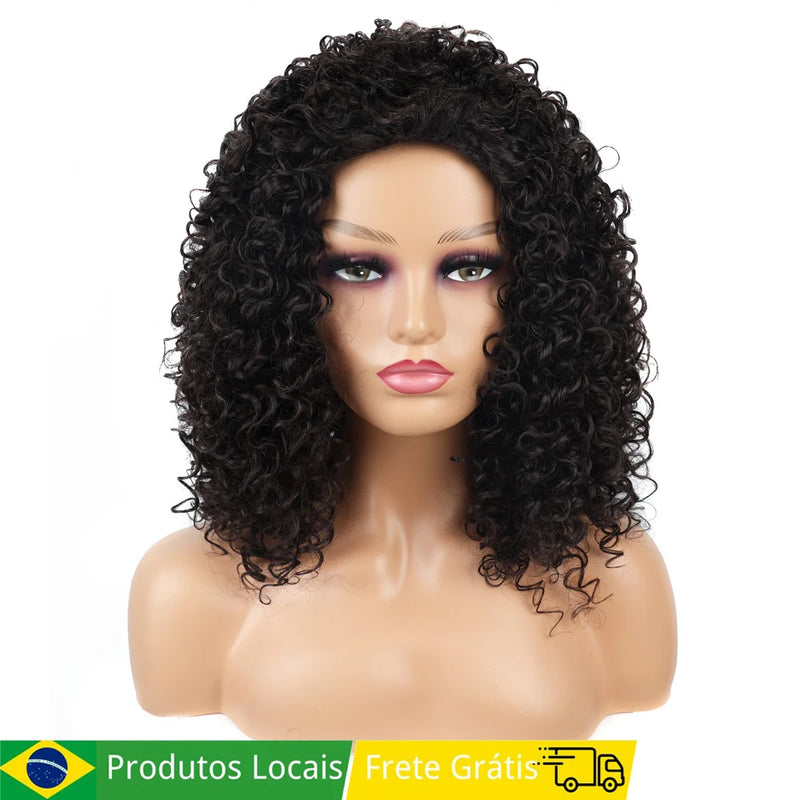 Peruca Wig Fibra Orgânica Premium Cacheado Full Machine Made Afro Cacheado Preto Natural "GEO"-MODA 45cm 240g +Touca Wig Cap