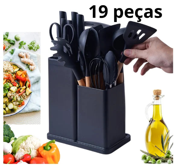 Kit Completo Utensílios de Cozinha Luxo 19 Peças Com Tábua em Silicone Espátula Faca Tesoura