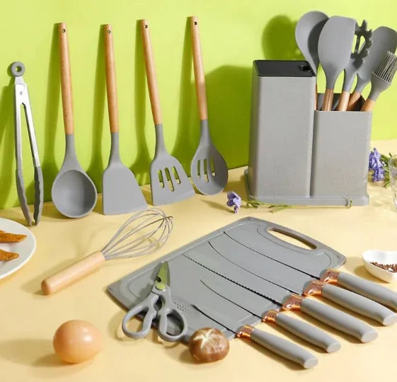 Kit Completo Utensílios de Cozinha Luxo 19 Peças Com Tábua em Silicone Espátula Faca Tesoura