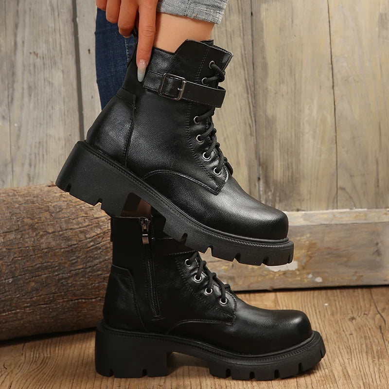 Botas plataforma com fivela e cinto para as mulheres, saltos grossas, lace-up, ankle boots com zíper lateral  Frete Grátis