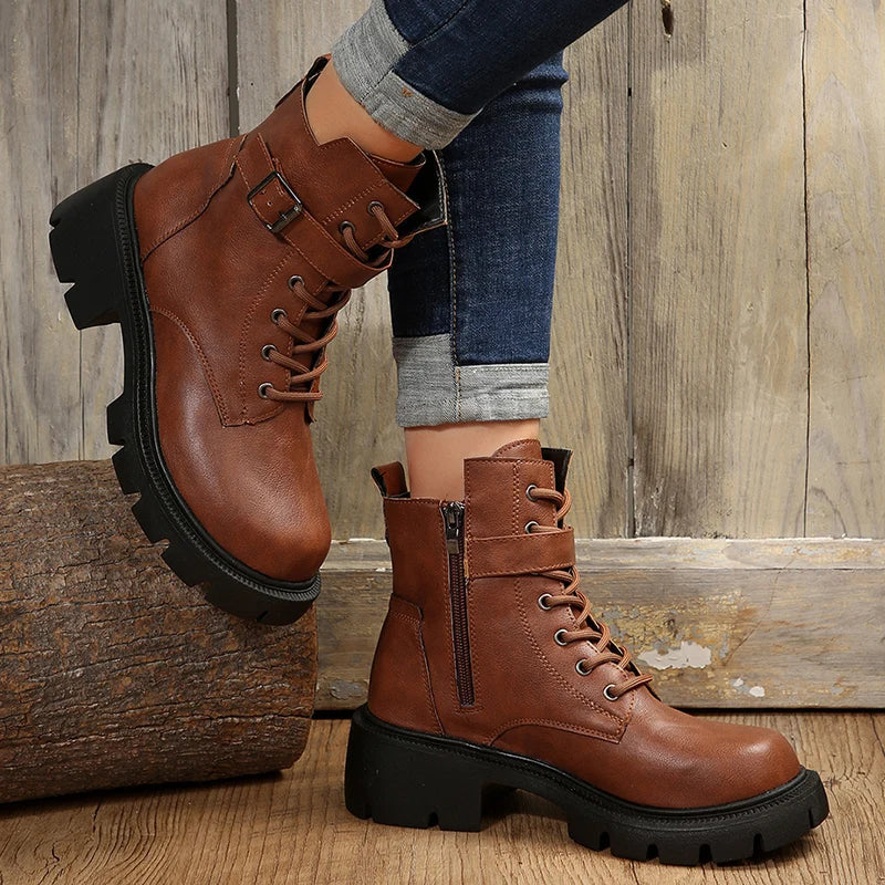 Botas plataforma com fivela e cinto para as mulheres, saltos grossas, lace-up, ankle boots com zíper lateral  Frete Grátis