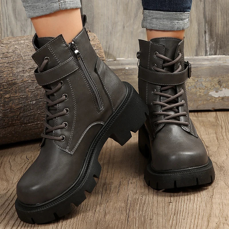 Botas plataforma com fivela e cinto para as mulheres, saltos grossas, lace-up, ankle boots com zíper lateral  Frete Grátis