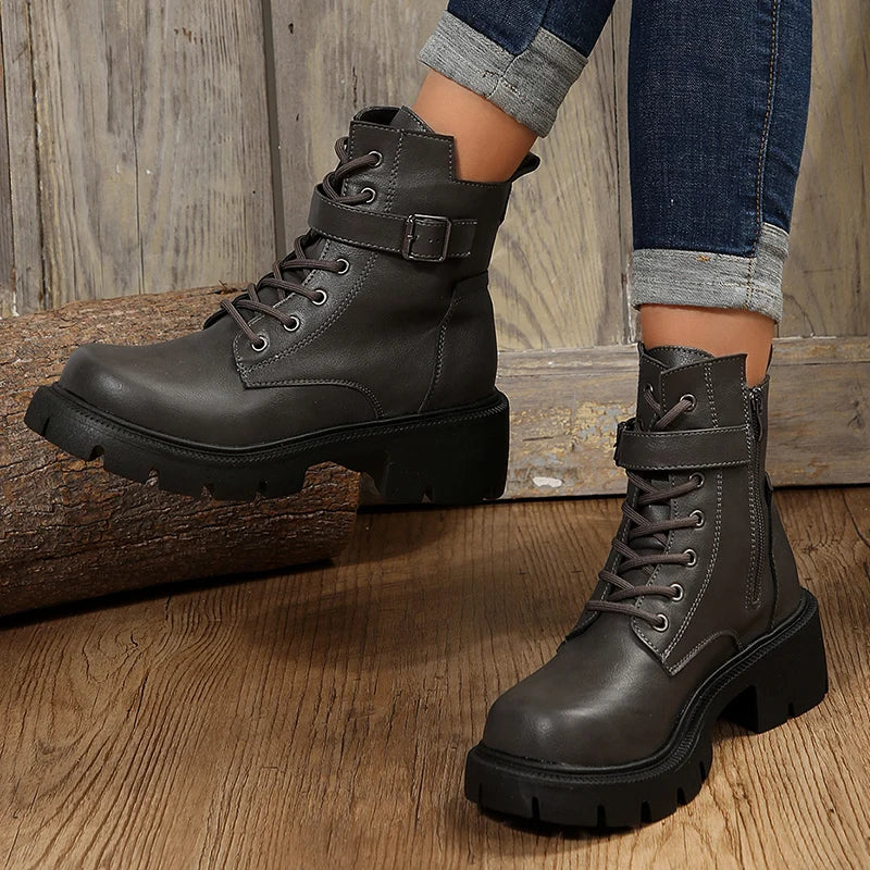 Botas plataforma com fivela e cinto para as mulheres, saltos grossas, lace-up, ankle boots com zíper lateral  Frete Grátis