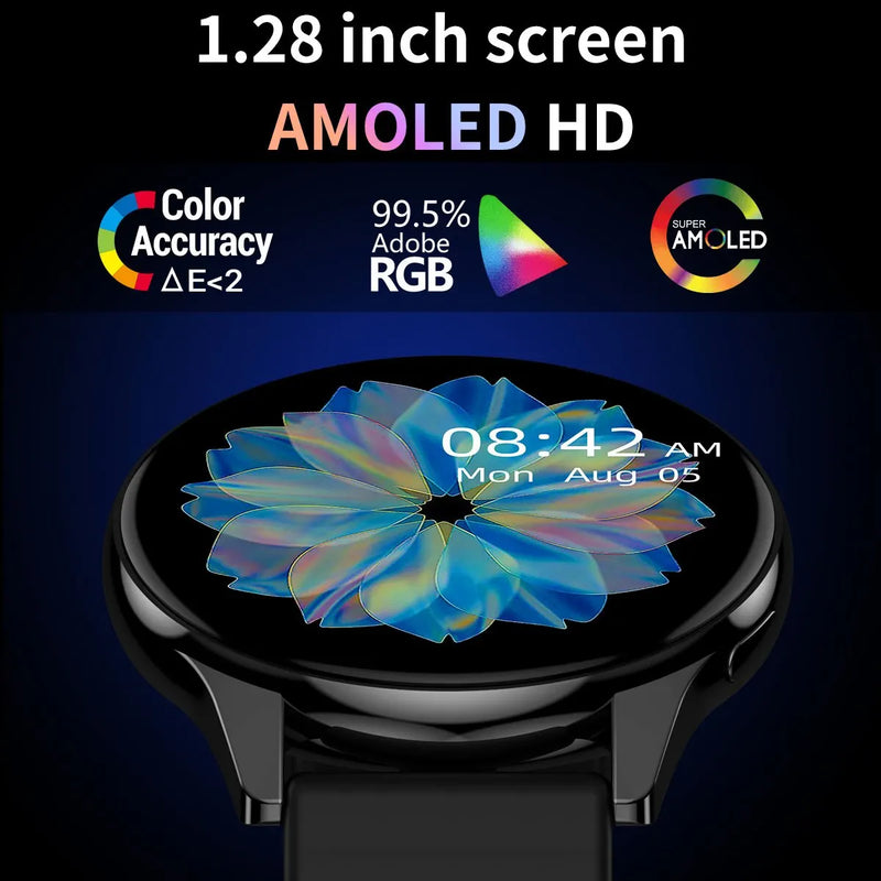 Relógio inteligente esportivo redondo para homens e mulheres, AMOLED HD, chamada Bluetooth IP67 à prova d'água, pressão arterial Frete Gratis