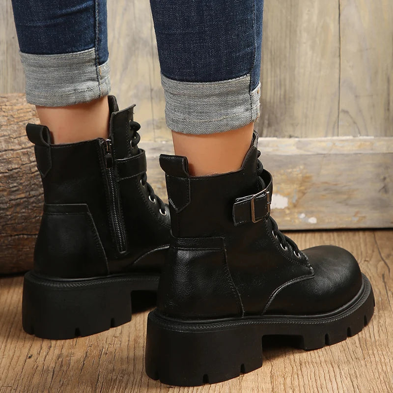 Botas plataforma com fivela e cinto para as mulheres, saltos grossas, lace-up, ankle boots com zíper lateral  Frete Grátis