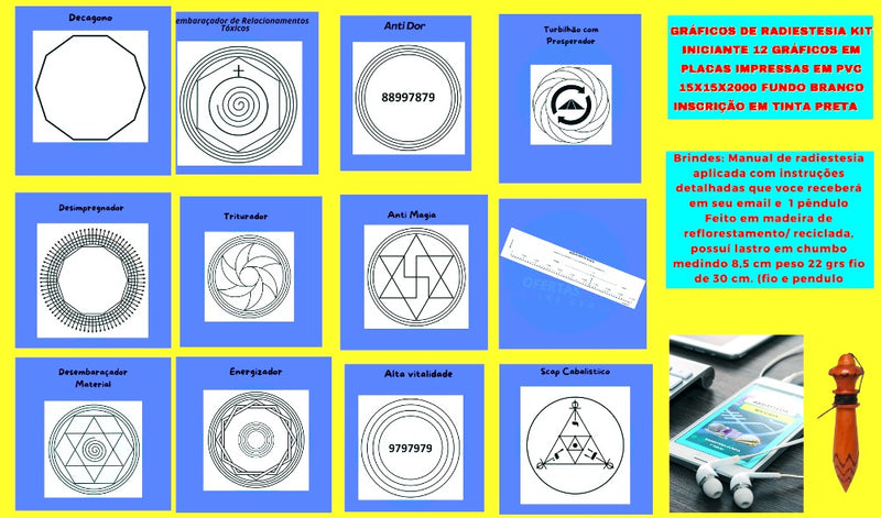 Gráficos de Radiestesia kit PROMOCIONAL para iniciantes 12 gráficos em placas de VINIL/PVC + Pêndulo egipcio em madeira + Apostila Prática de Radiestesia - Frete Grátis